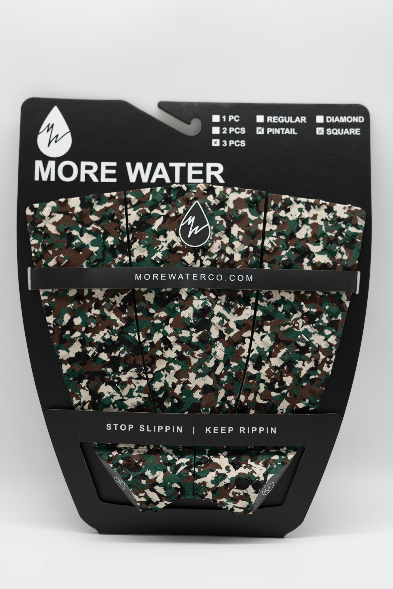 Camouflage-patterned traction pad with More Water water drop logo